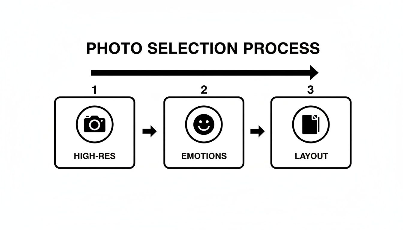 Diagram illustrating a three-step photo selection process: high-res, emotions, and layout.