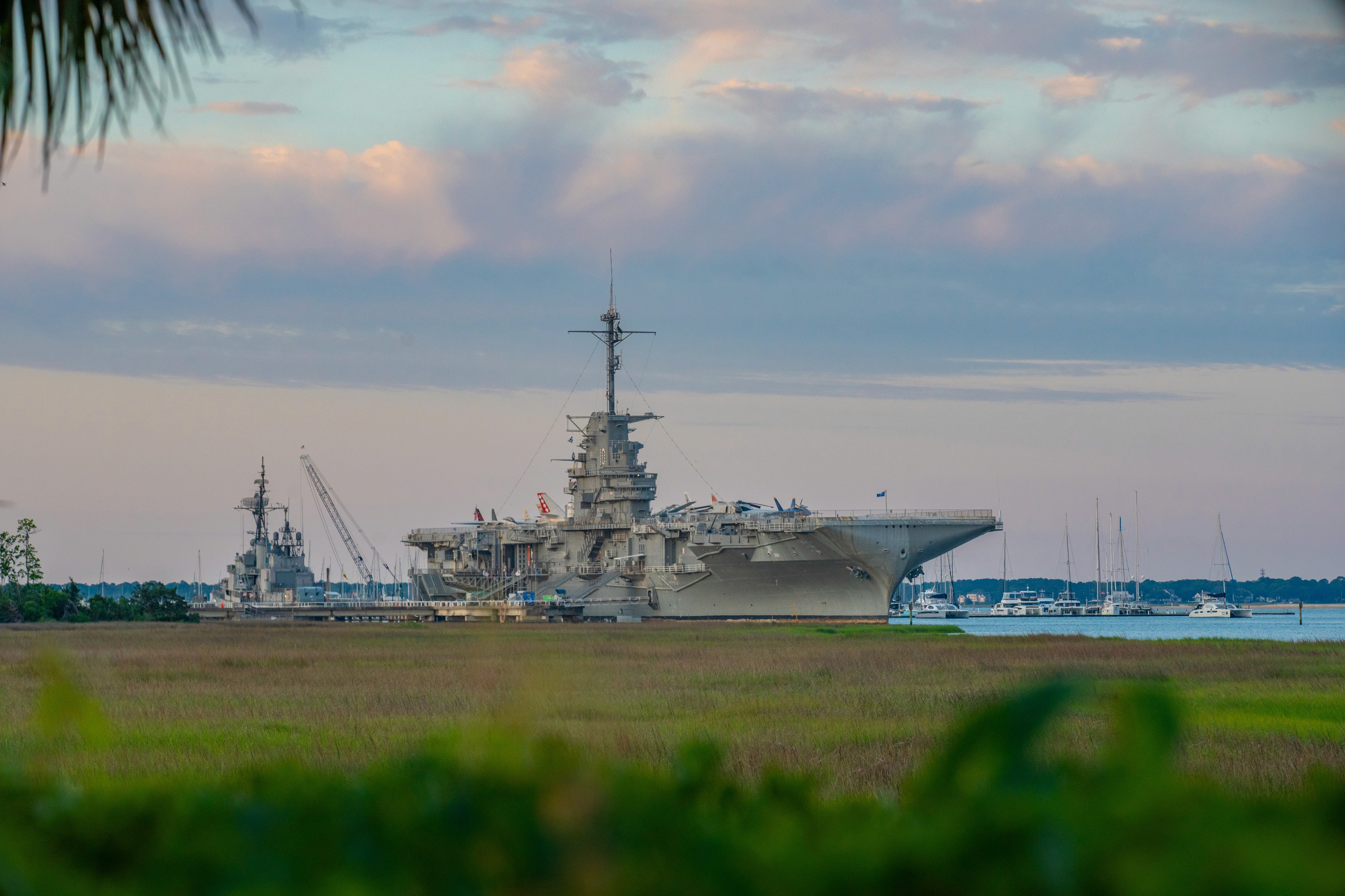 The USS Yorktown at sunrise, docked at Patriots Point in Charleston—an iconic backdrop for Independence Day celebrations.