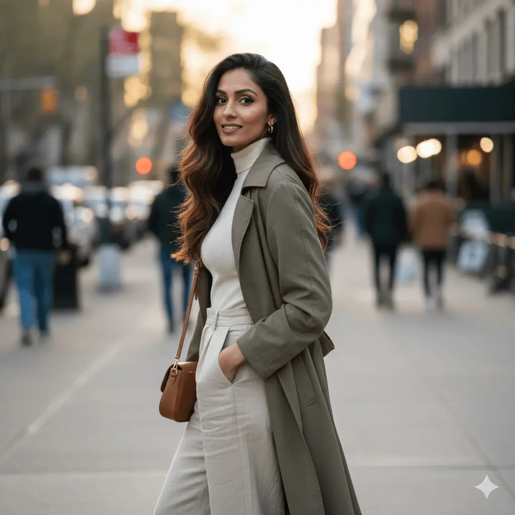 AI-generated female urban street fashion lifestyle portrait showing woman in beige trench coat and cream pants with brown leather crossbody bag on city street with soft sunset bokeh lighting by Mahendra