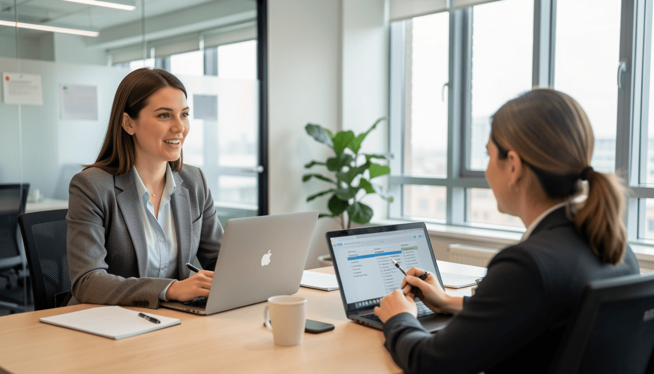 a job interview in a modern office.