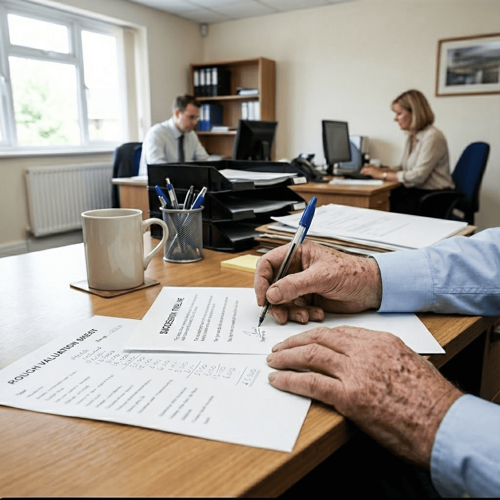 A professional woman with short dark hair wearing a beige blouse stands in a busy office.