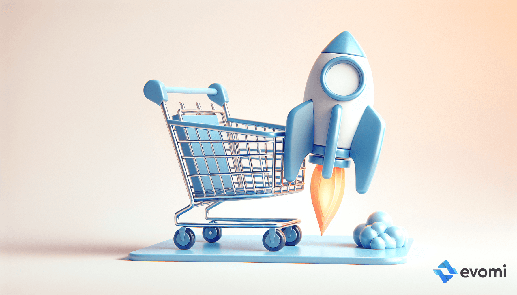  shopping cart with a rocket attached, positioned on a small platform, symbolizing fast or innovative shopping.