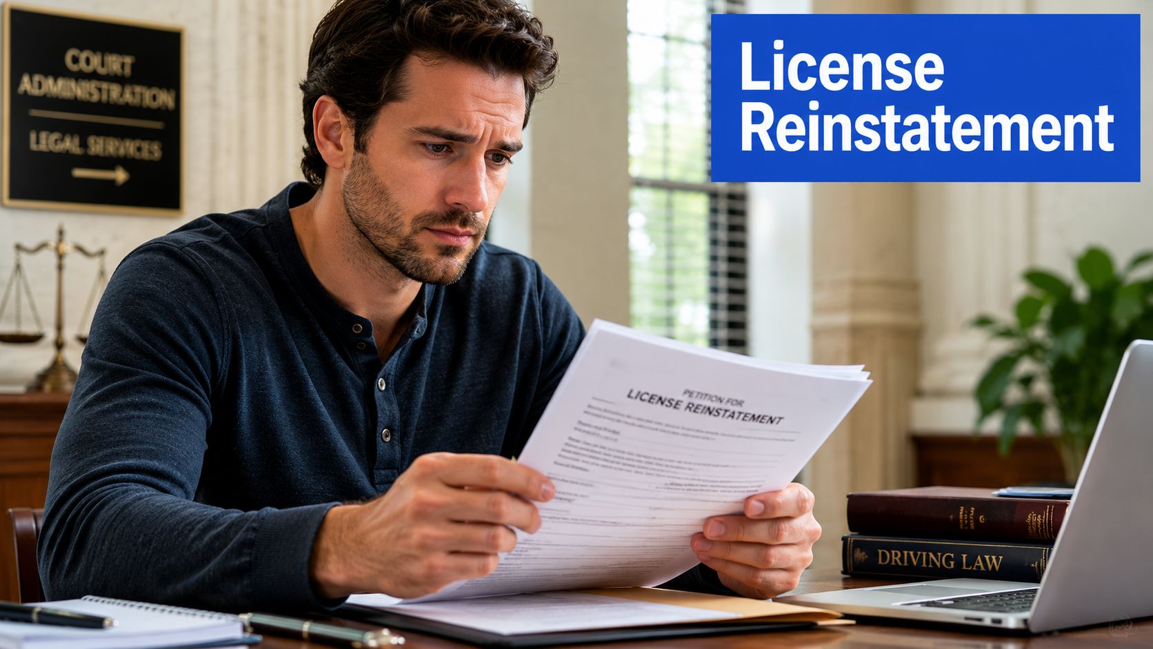 A man in a professional setting reviewing a petition for license reinstatement document at his desk.