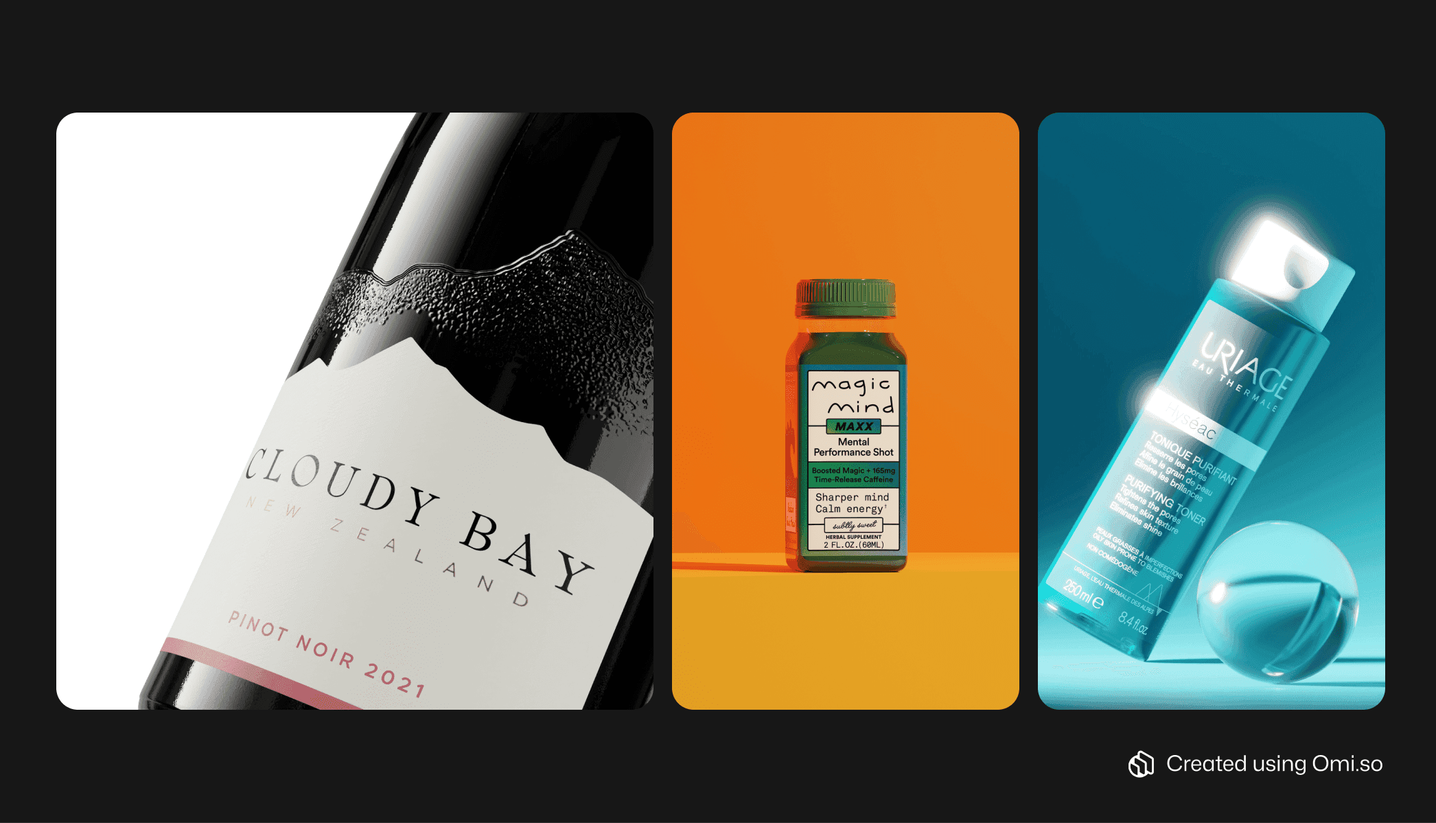 Closeup packshots of Cloudy Bay wine, Magic Mind beverage, and Uriage cosmetics. Digital Twin photography.