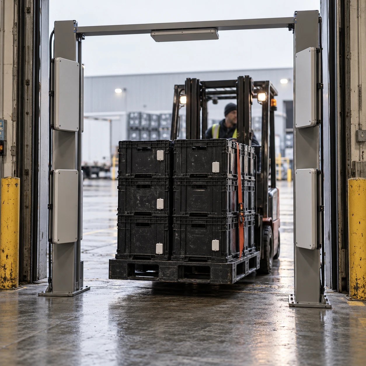 A forklift carrying tagged crates through an RFID portal at a dock door