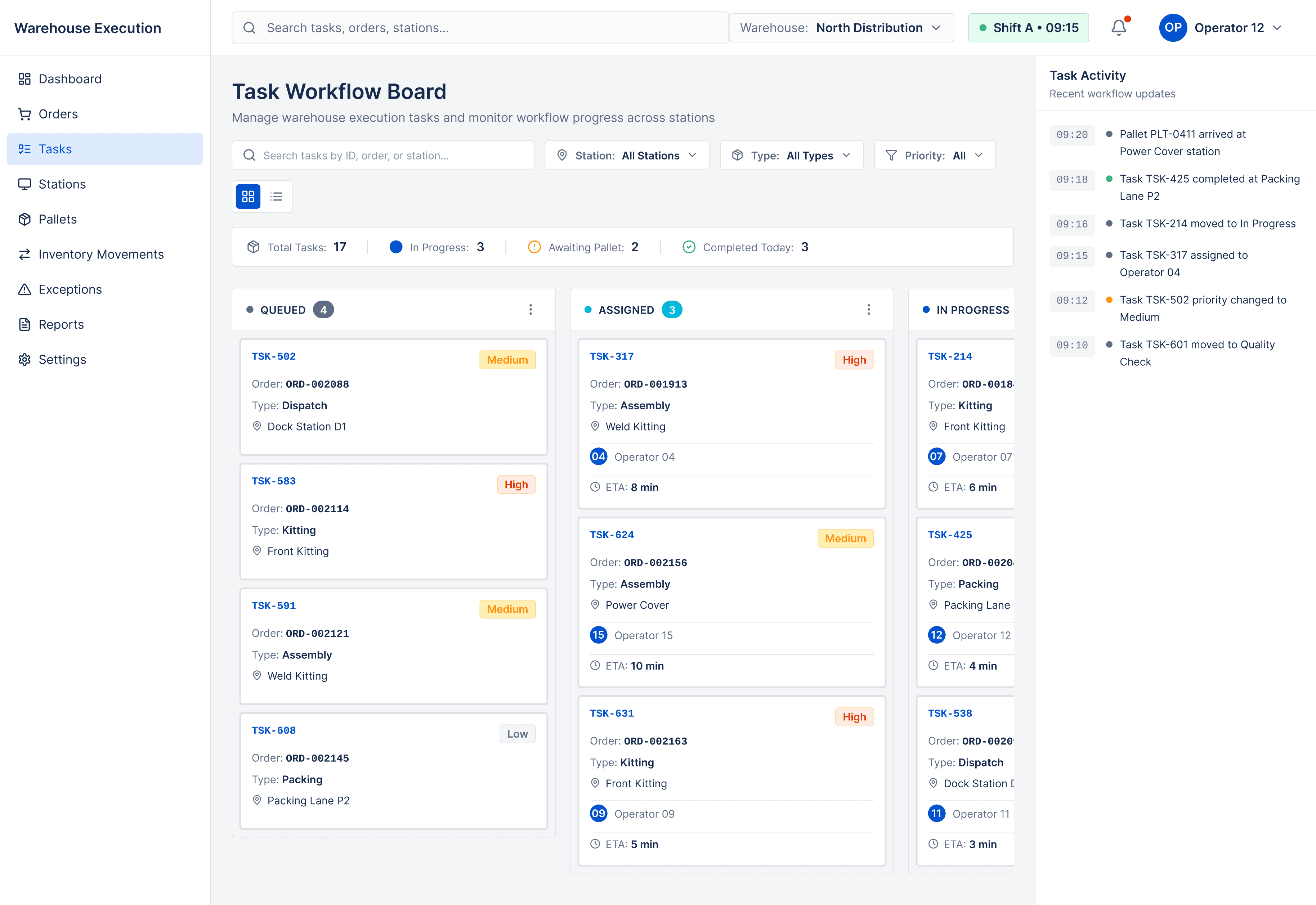 "Warehouse execution system task workflow board showing queued, assigned, and in-progress warehouse tasks with operator assignments and real-time activity updates."