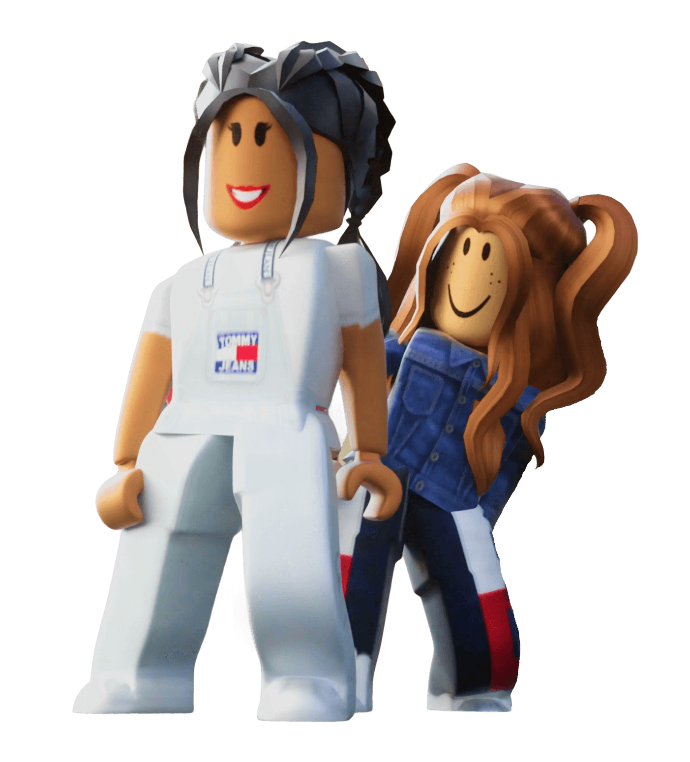 Two Roblox characters posing, one in white overalls and one in denim jacket.