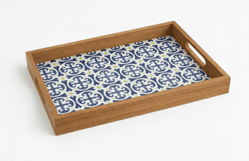 Rectangular natural wood serving tray with blue patterned tile design base