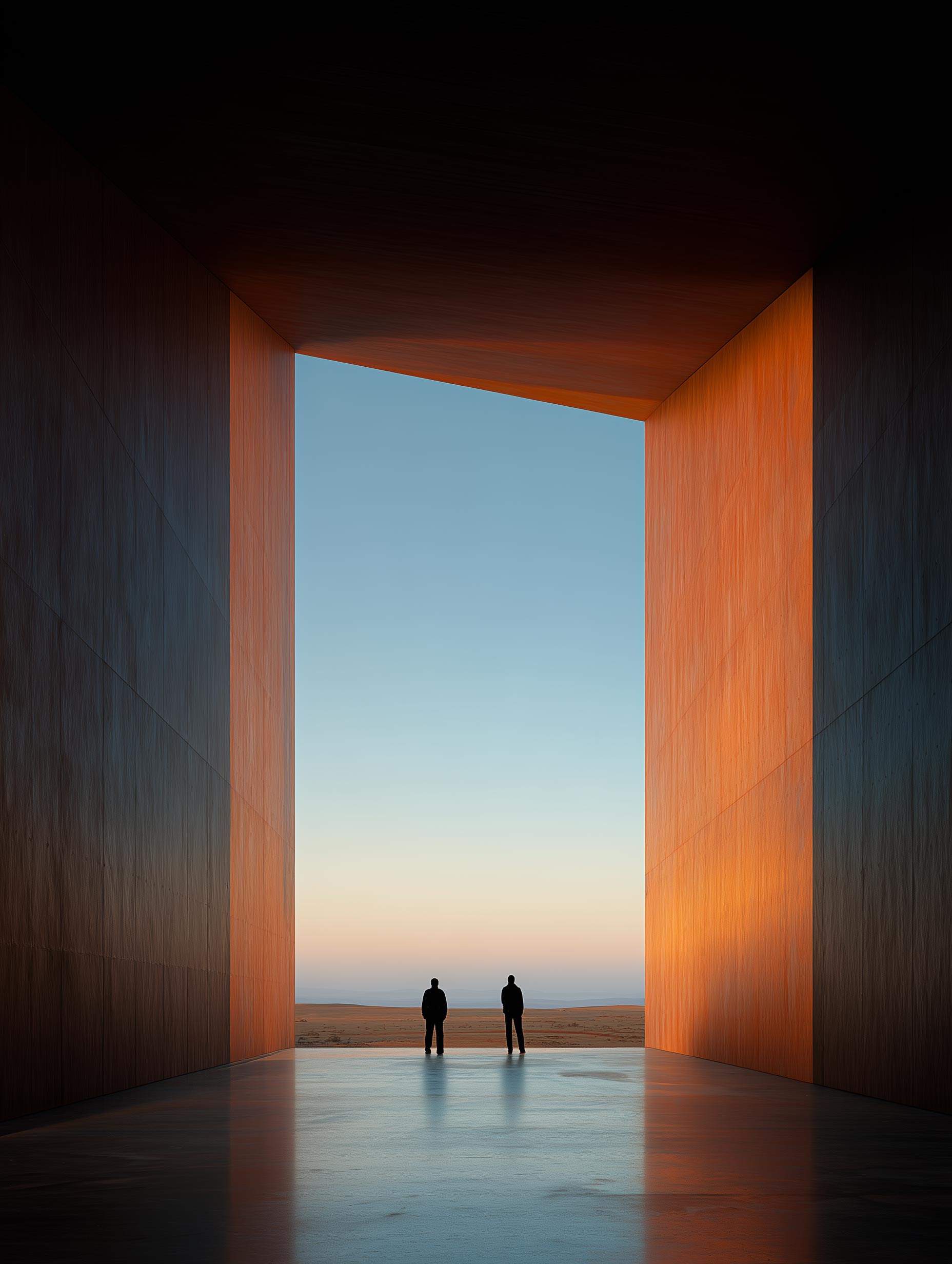 Aerial shot capturing the geometry of the pavilion within an empty desert expanse.