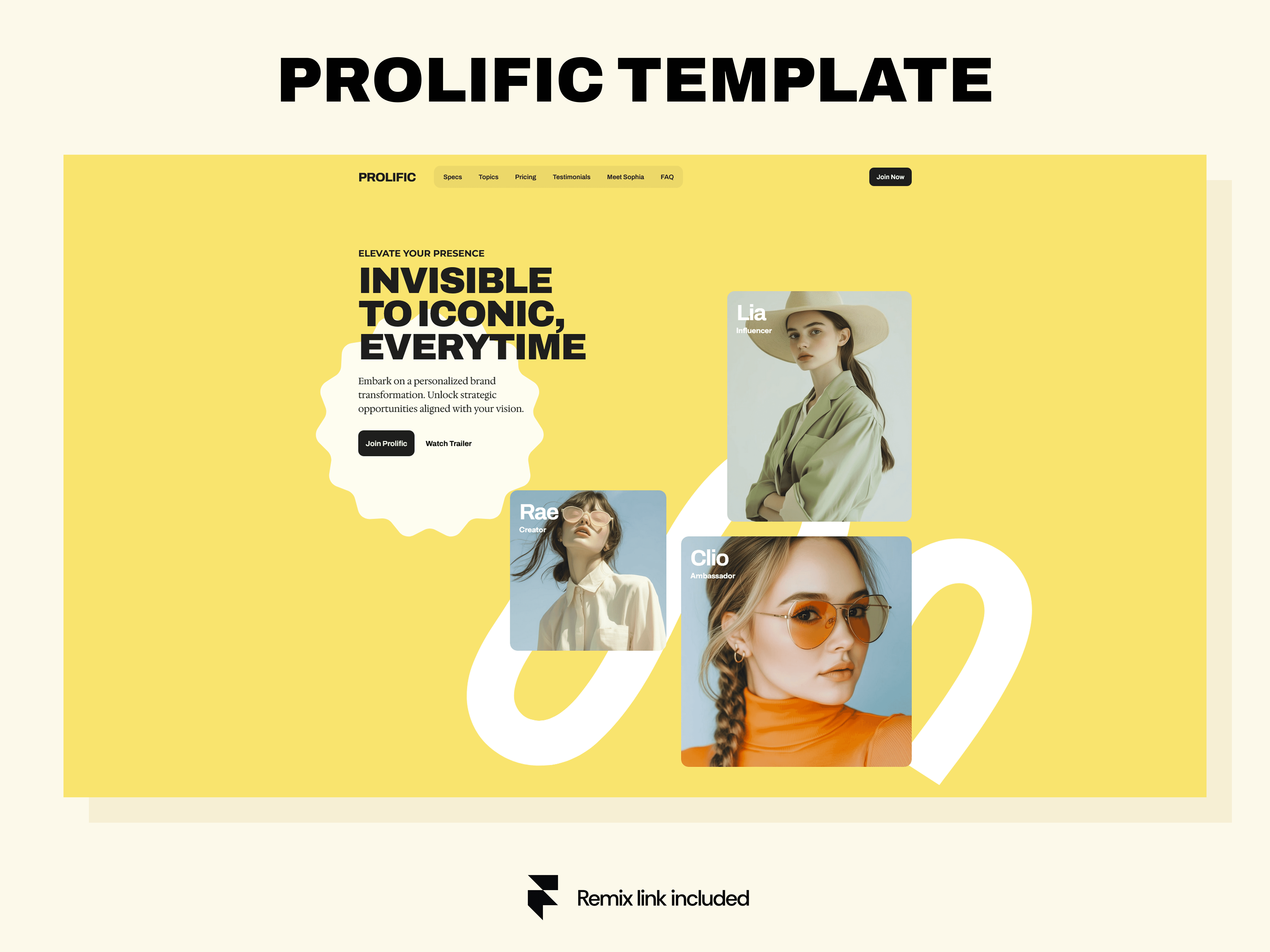 Prolific — bold yellow Framer portfolio template with editorial layout and model photography, designed for creatives going from invisible to iconic