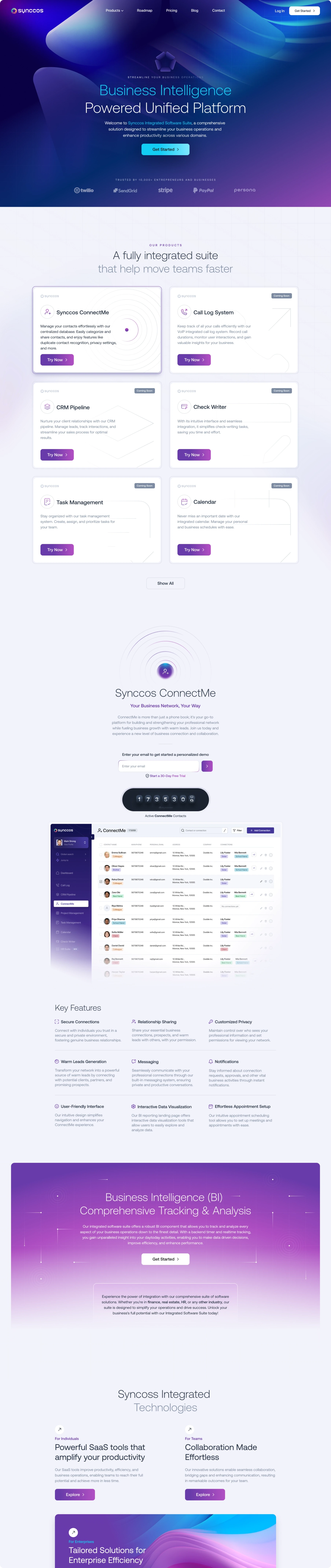 Tall mobile webpage screenshot with a blue-purple gradient header, feature cards, dashboard tables, statistics, and call-to-action sections in a modern tech style.