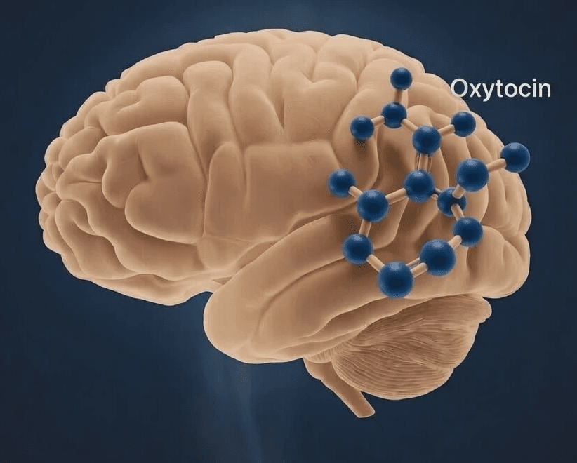 Illustration of a brain with oxytocin molecules floating, representing social bonding and connection