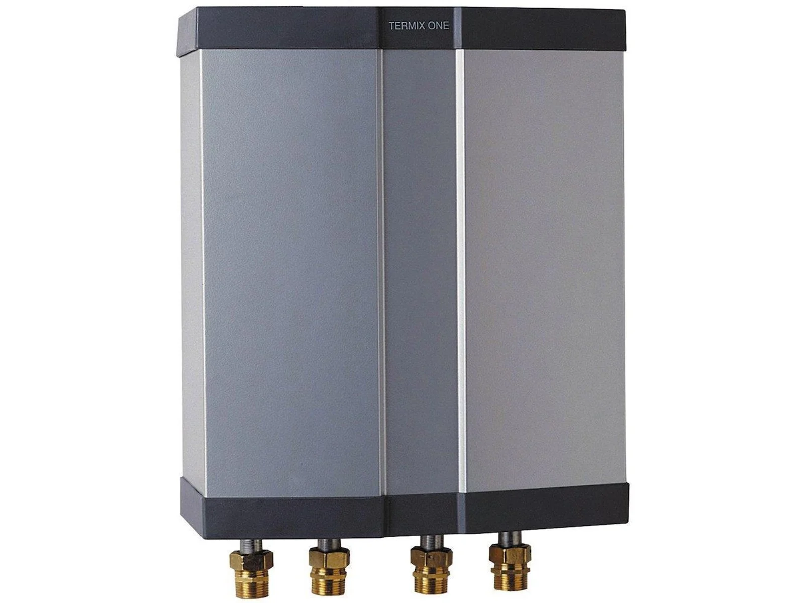 Compact wall-mounted tankless water heater with copper pipe connections.