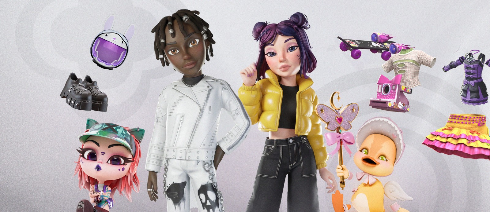 Group of avatars with objects and clothes floating around them