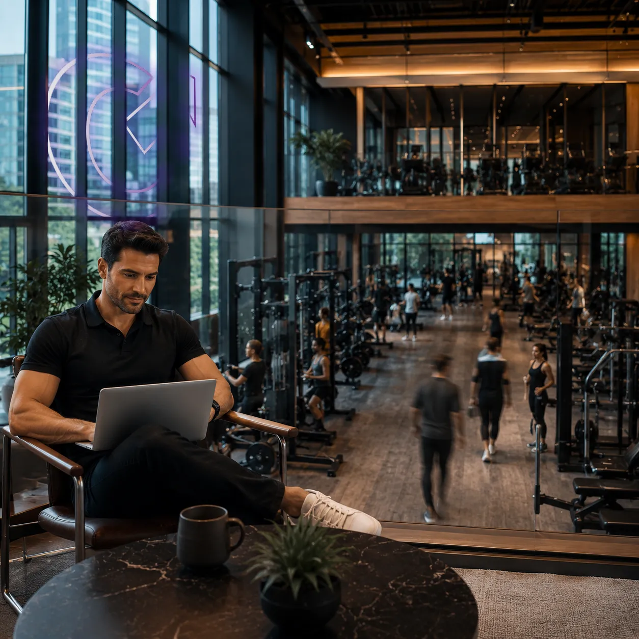 Propriétaire de gym assis dans le loundge mezzazine du gym, il travail sur son laptop.