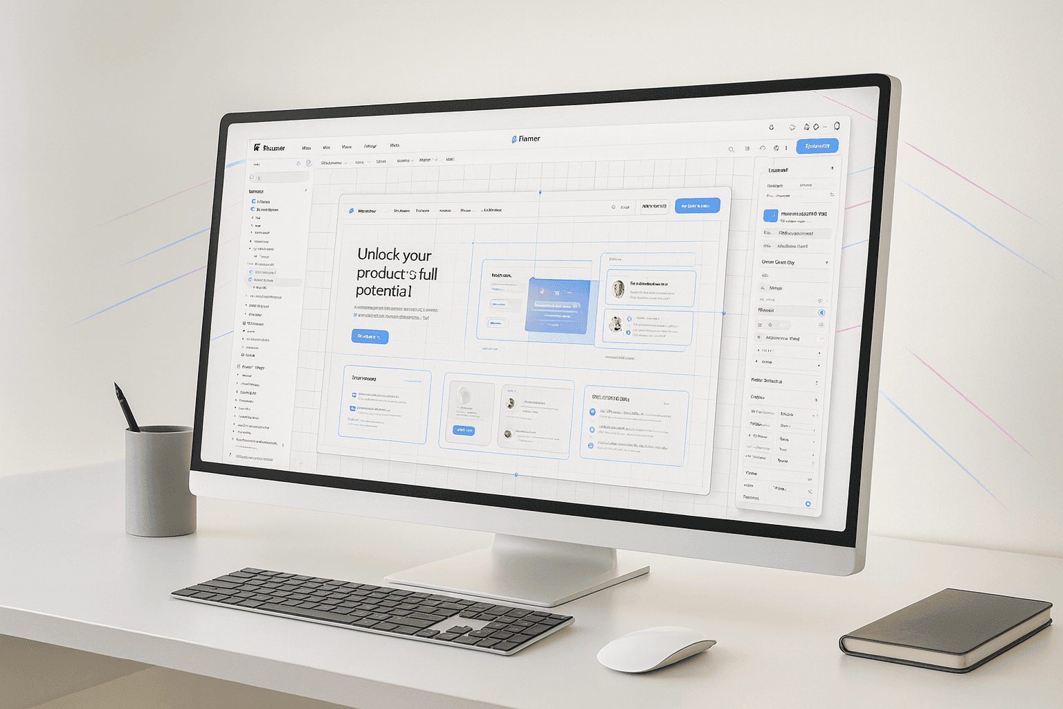 Modern digital workspace with a monitor displaying a live Framer dashboard and UI components