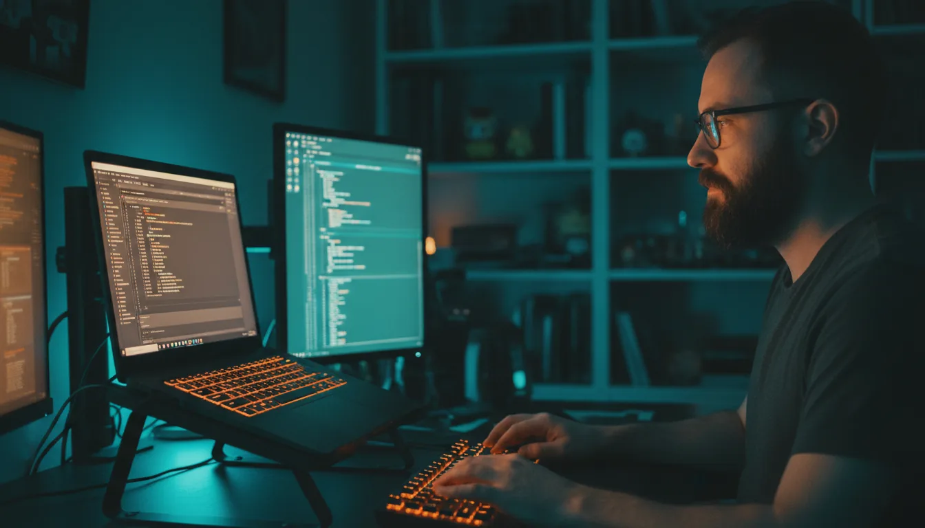 DSLR photograph, side-profile view of a male Unity game developer with a beard and glasses, working intently at his desk in a dark room. The scene is dominated by cinematic contrast lighting with a strong teal and orange color grade. He is illuminated by the ambient glow from a multi-monitor setup, which includes a gaming laptop on a stand with a brightly lit orange keyboard and a secondary vertical monitor. Sharp focus on the developer and his backlit mechanical keyboard, with a shallow depth of field blurring the background.
