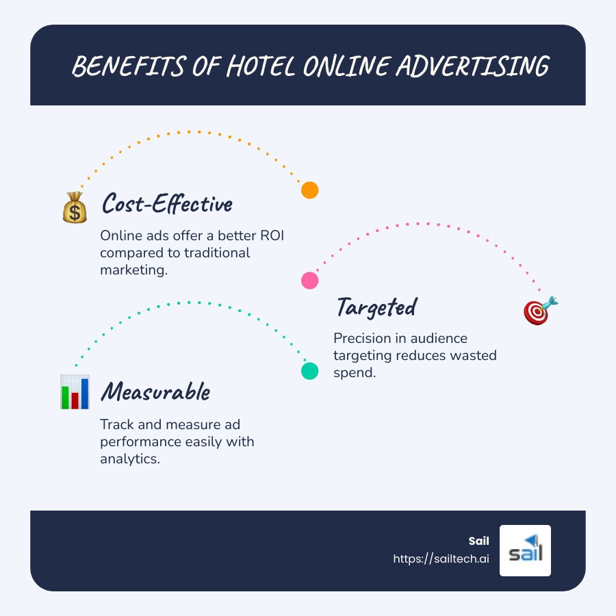Benefits of hotel online advertising: Cost-effective, Targeted, Measurable, Engaging - Hotel online advertising infographic infographic-line-3-steps-blues-accent_colors