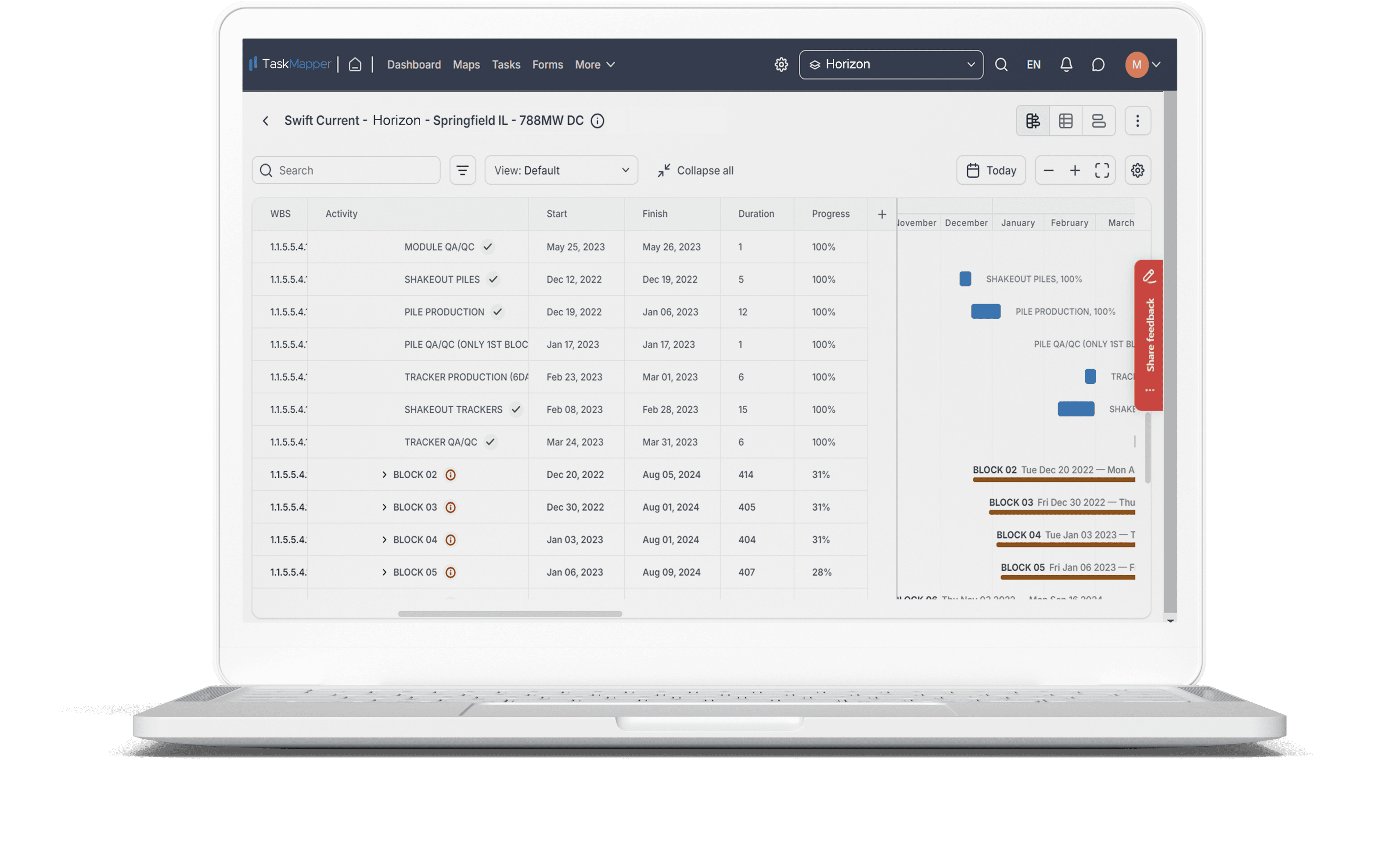 Project Schedule on TaskMapper updated with mechanical work progress at solar energy sites