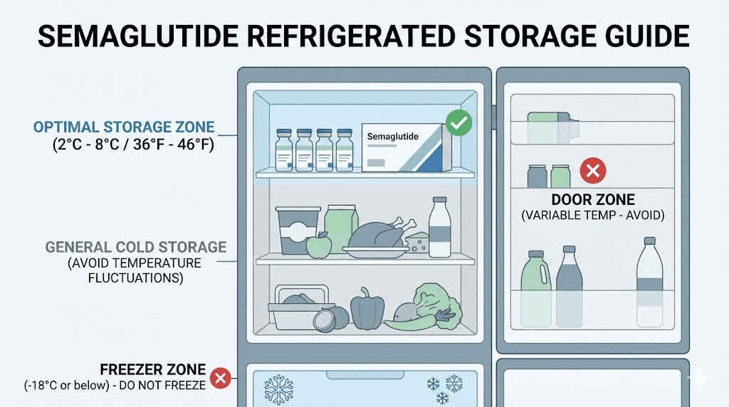 Proper semaglutide refrigerator storage placement and temperature zones
