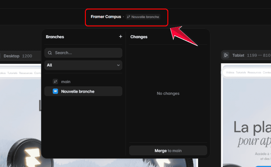 Panneau Branches de Framer 3.0 avec une nouvelle branche créée et le bouton Merge to main pour fusionner les changement