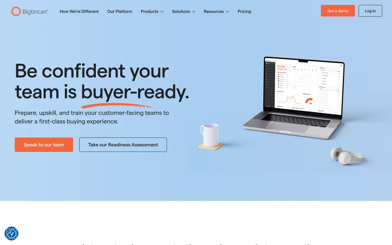 Bigtincan Readiness homepage, formerly Brainshark, sales readiness and coaching