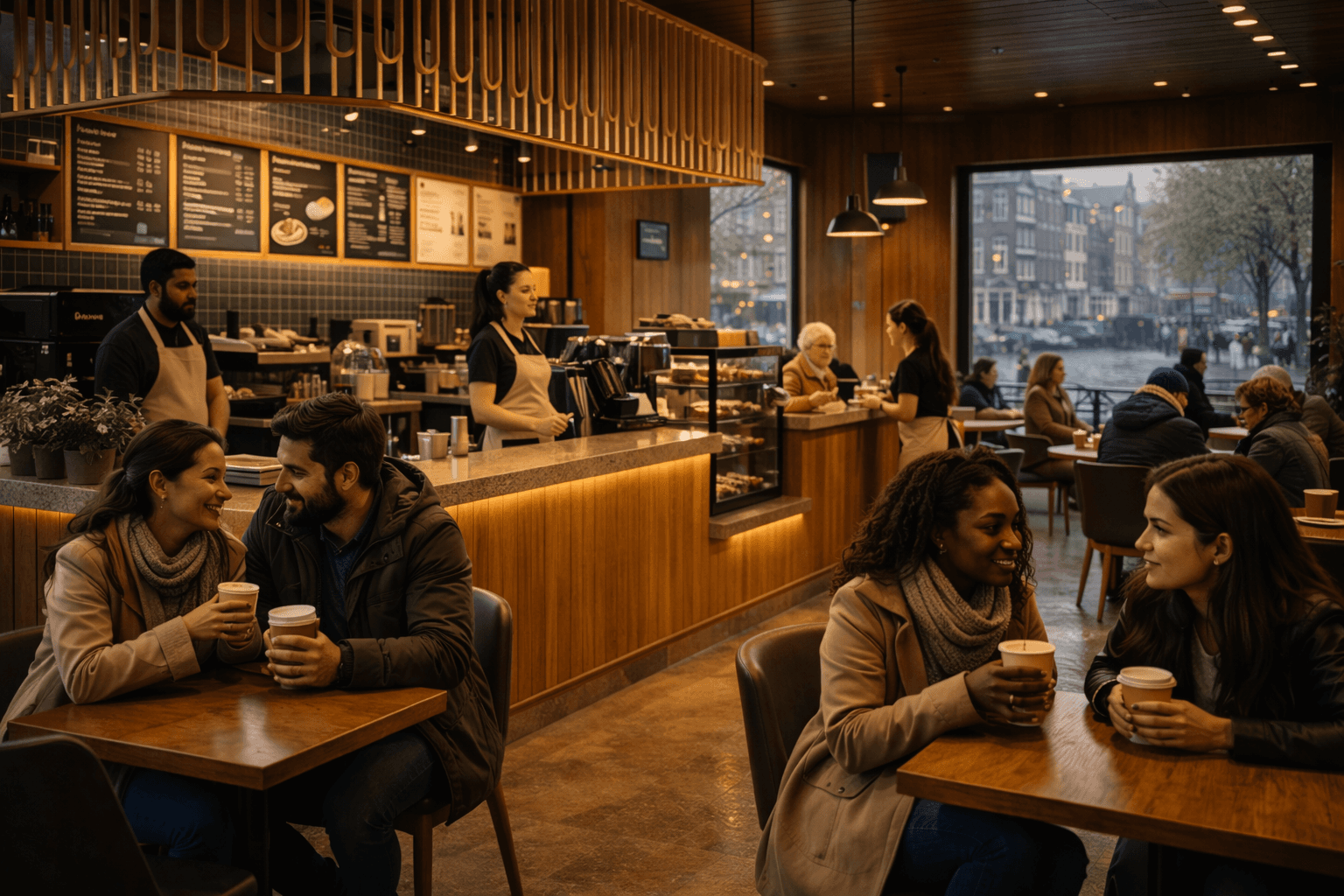 Two people sitting at a wooden café table with coffee cups, with a counter and other customers visible behind them.