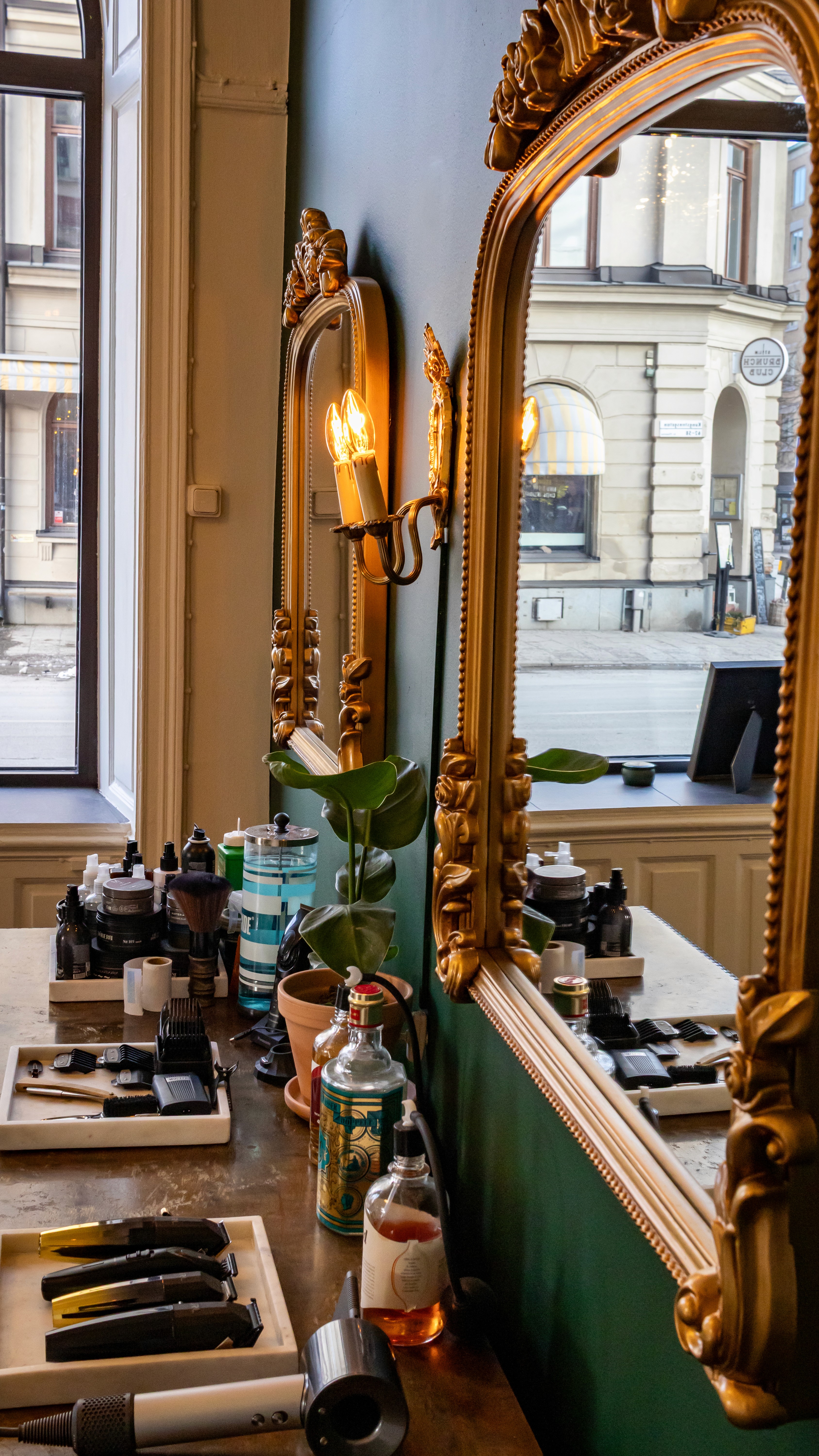 Modern hair salon with mirrors and styling chairs