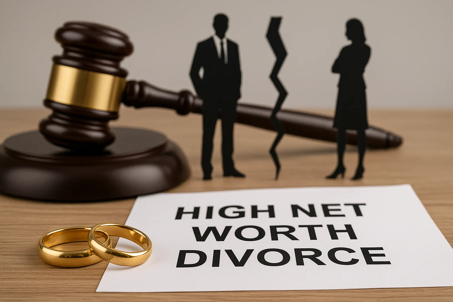 Imagen del concepto de divorcio de alto poder adquisitivo con un mazo de juez, anillos de boda y siluetas de una pareja separada por una grieta irregular sobre un papel que dice ‘DIVORCIO DE ALTO PODER ADQUISITIVO.