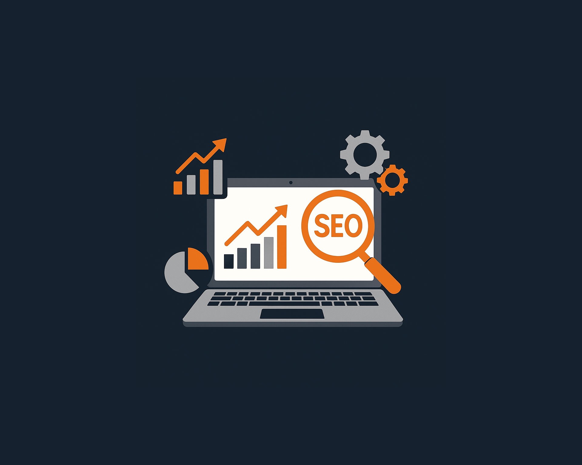 Illustration SEO-Tools für KMU – Laptop mit Analyse-Dashboard, Diagrammen, Lupe und Zahnrädern für bessere Sichtbarkeit in der Schweiz und Liechtenstein