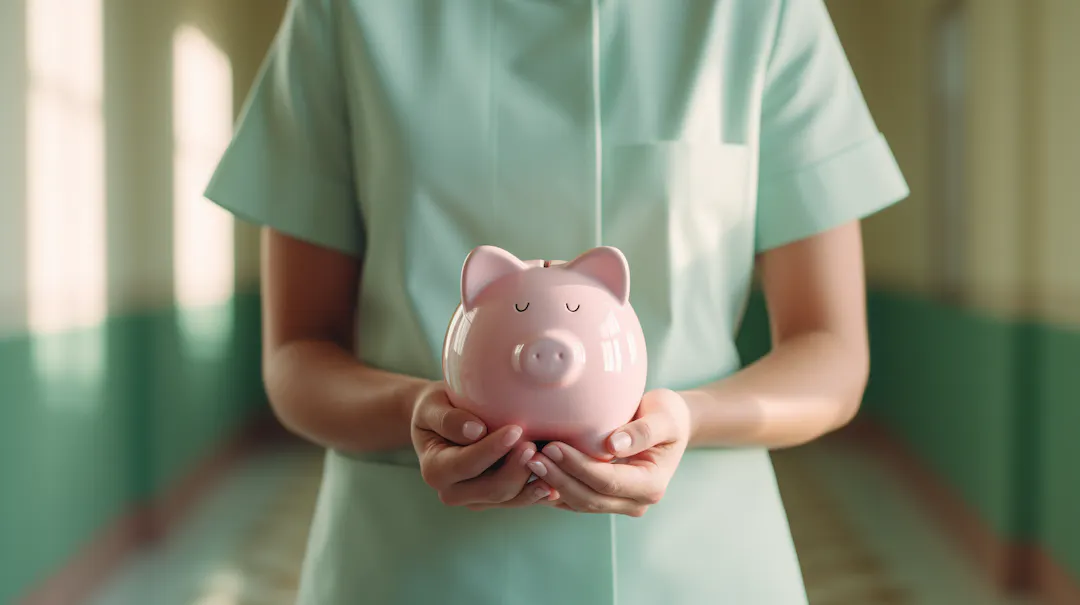 A woman holds a piggybank