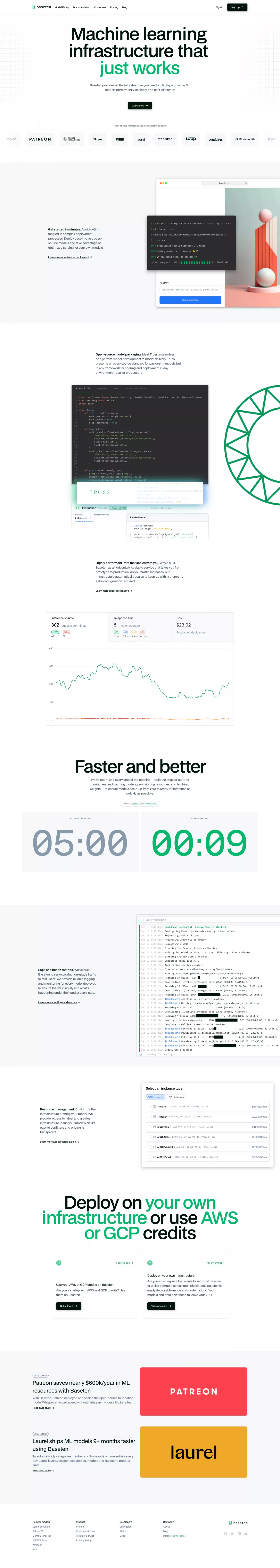 Baseten landing page screenshot showcasing Tech design