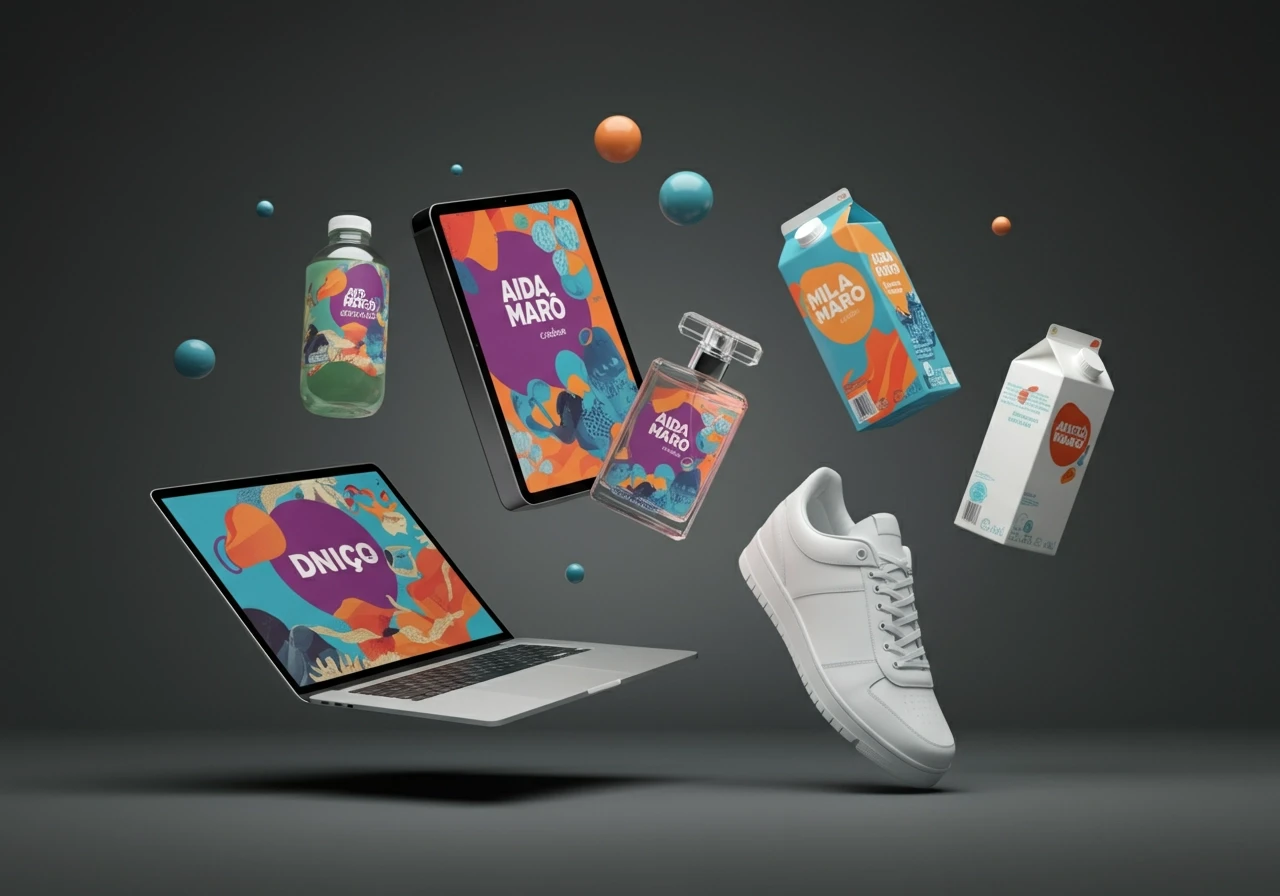 A curated selection of six everyday items — a MacBook, an iPad, an iPhone, a perfume bottle, a milk carton, and a sneaker — floating mid-air in a dynamic diagonal composition against a solid dark gray background. Each product is realistically rendered with Brazilian-inspired packaging aesthetics: vibrant typography, playful layout, and design elements typical of local consumer goods (e.g., bold colors, icons, decorative details). The devices display minimalist UI on-screen, while the perfume bottle is sleek with a translucent glass and a metallic cap. The milk carton shows bright, familiar Brazilian branding, and the sneaker has a clean streetwear style with regional flair. The scene is lit with soft, diffused studio lighting, eliminating harsh shadows while maintaining defined contours. Captured with a 50mm lens, slightly top-down perspective, emphasizing motion, depth, and product realism. Style: editorial product photography meets surreal still life. Mood: contemporary, vibrant, and unmistakably Brazilian.