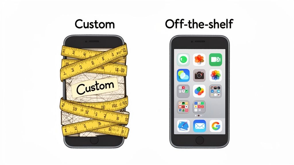 Two smartphones illustrating custom mobile app development (wrapped in measuring tape) versus off-the-shelf apps.