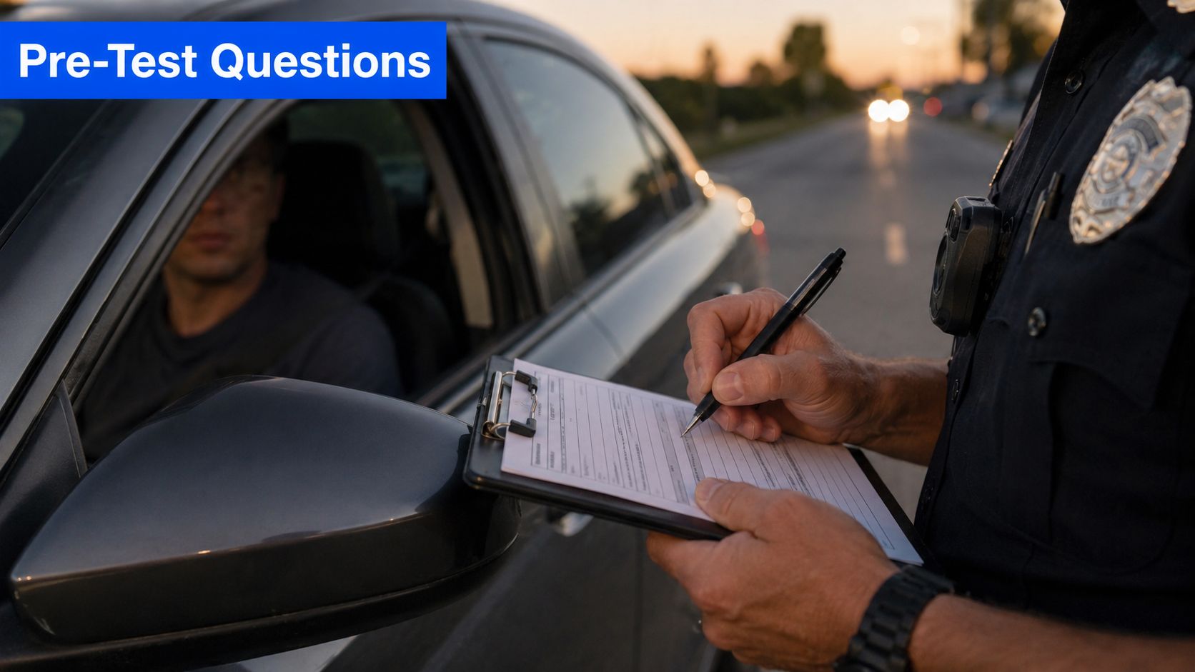 A police officer writing on a clipboard while standing next to a driver in a car