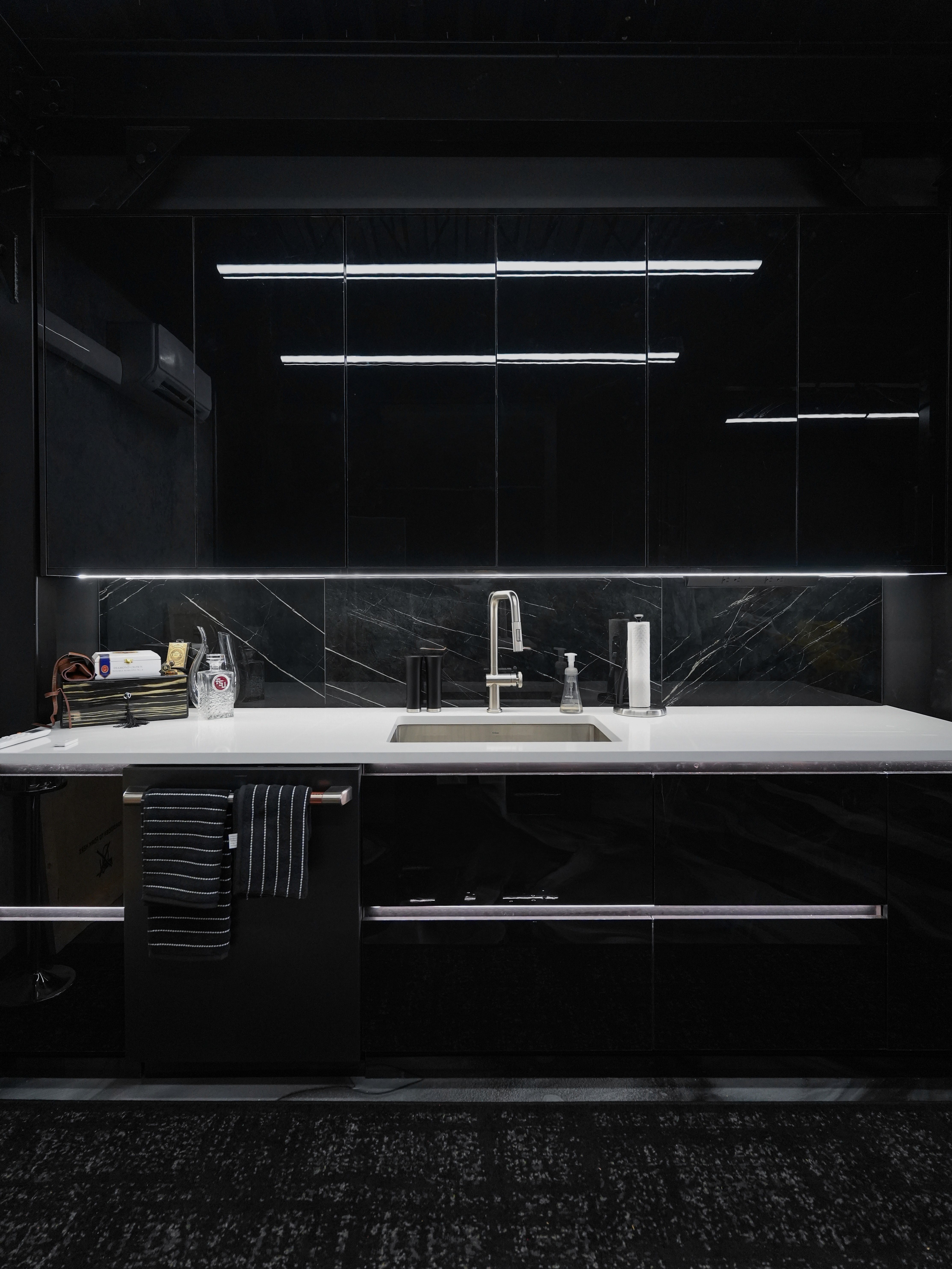 Black Europeam Frameless Cabinets with undercabinet lighting