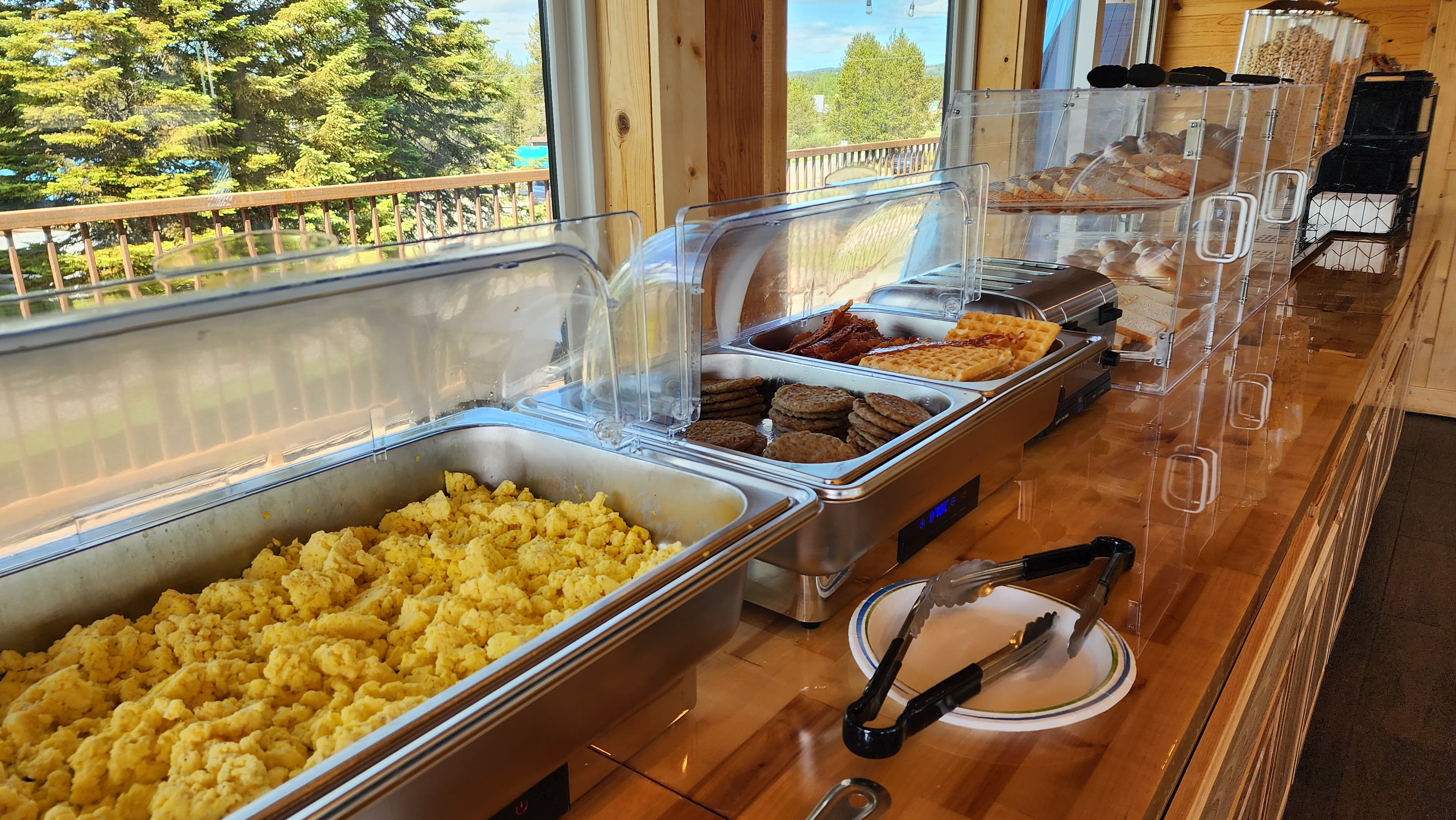 a table is filled with food
