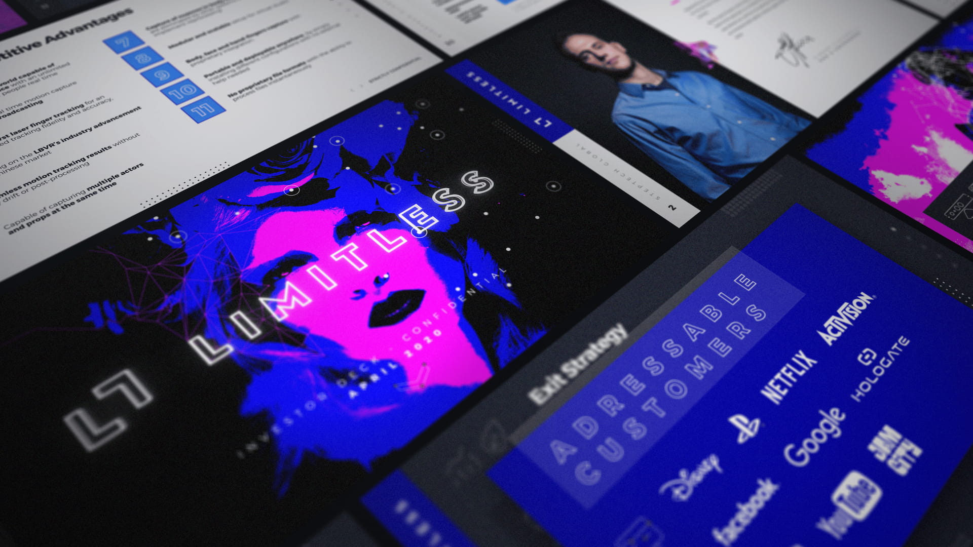 Limitless pitch deck portfolio mockup showing angled isometric collage of multiple presentation slides including neon pink and blue pop art cover with woman portrait, competitive advantages slide with numbered feature cards, CEO introduction with professional headshot, exit strategy addressable customers slide featuring Disney, PlayStation, Netflix, Activision, Google, Facebook, and YouTube logos on blue background, designed by Chadd Weston for StepTech Global AR motion capture startup