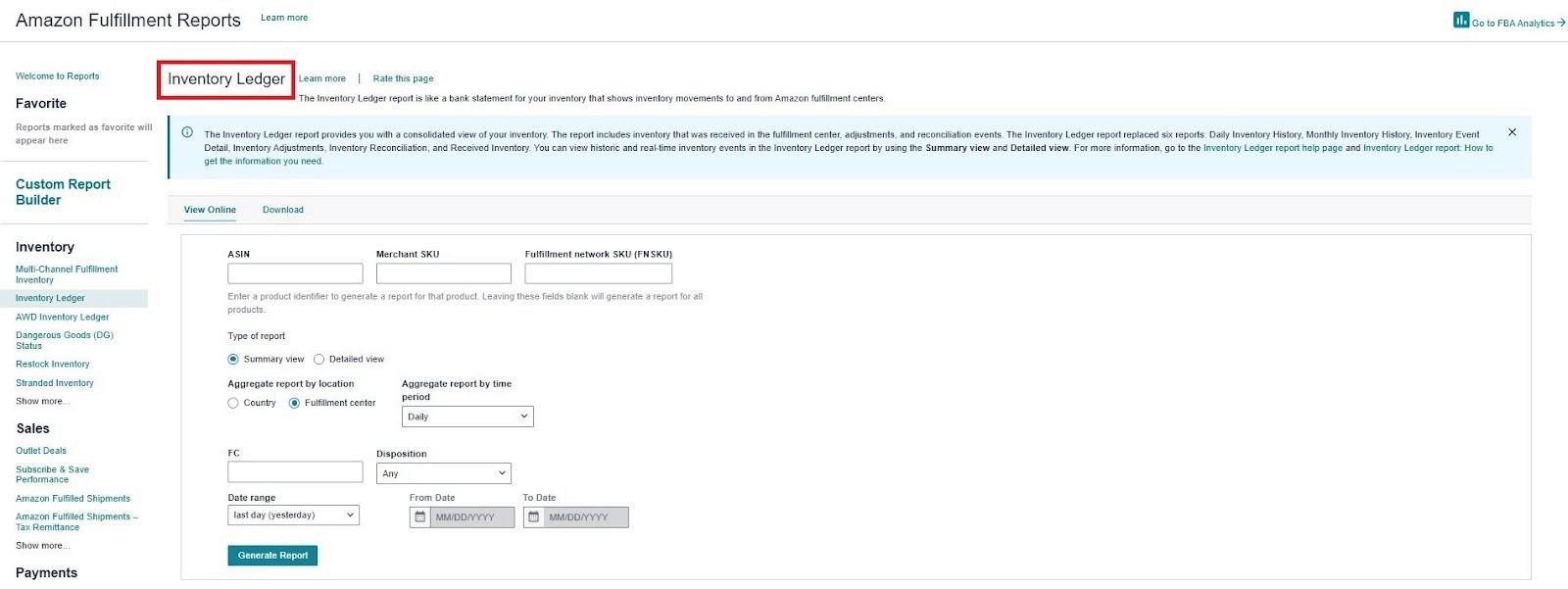 Amazon Inventory Ledger report page
