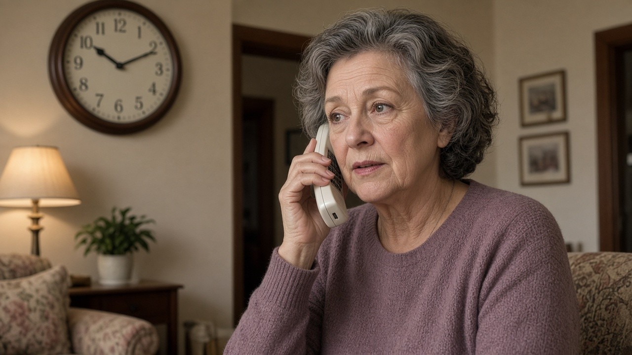 This image shows an elderly woman with gray hair, wearing a mauve sweater, sitting in a living room and holding a landline phone to her ear, appearing to be engaged in a conversation. Behind her, there is a large wall clock displaying the time as approximately 10:12. The setting includes a cozy interior with a table lamp, a potted plant on a side table, and framed pictures on the wall, suggesting a comfortable home environment. The image may be used to illustrate topics related to senior care, communication, time management, or support for elderly individuals, such as those with dementia.