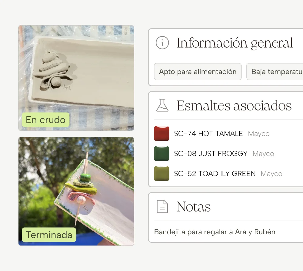Ficha digital de una pieza cerámica con fotos del proceso, esmaltes utilizados, información general y notas asociadas.
