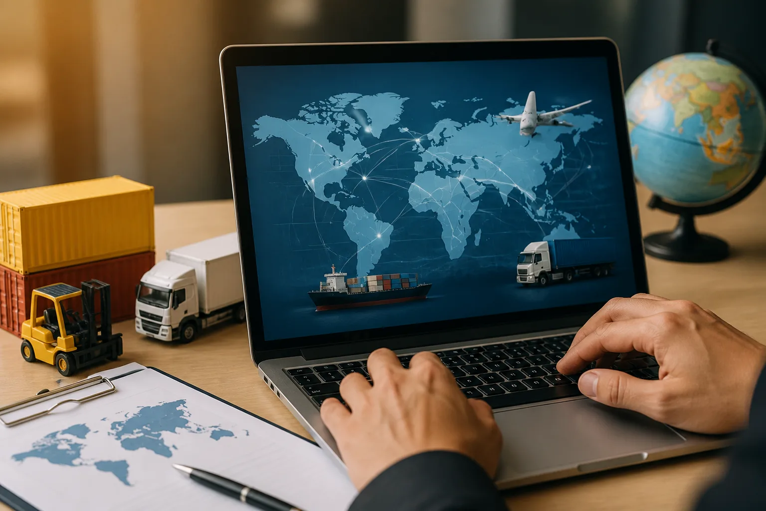 Dubai Trade Portal Registration for Importers and Exporters beside a warehouse with cargo pallets and
