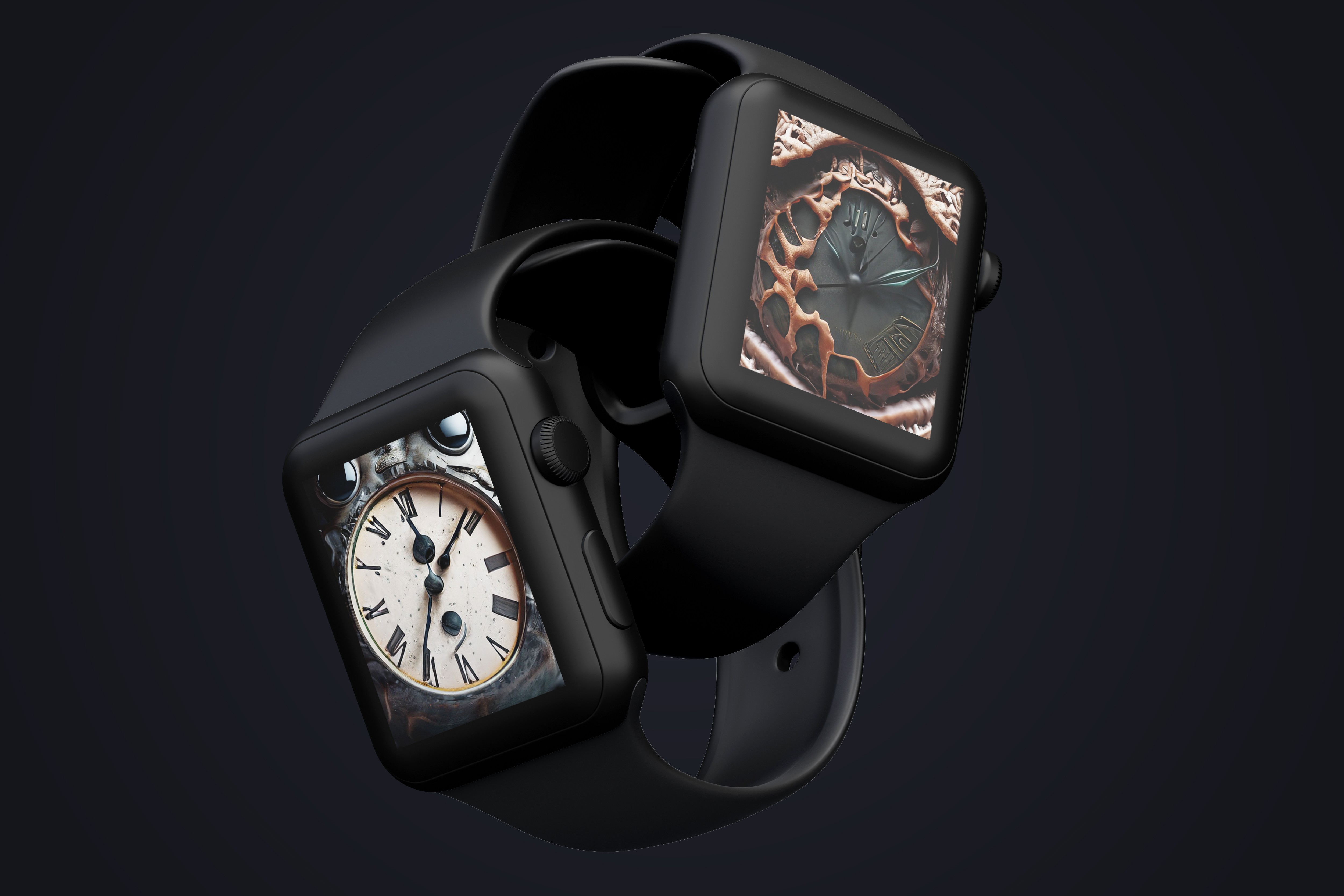  a pair of smart watches with scary watch faces on them