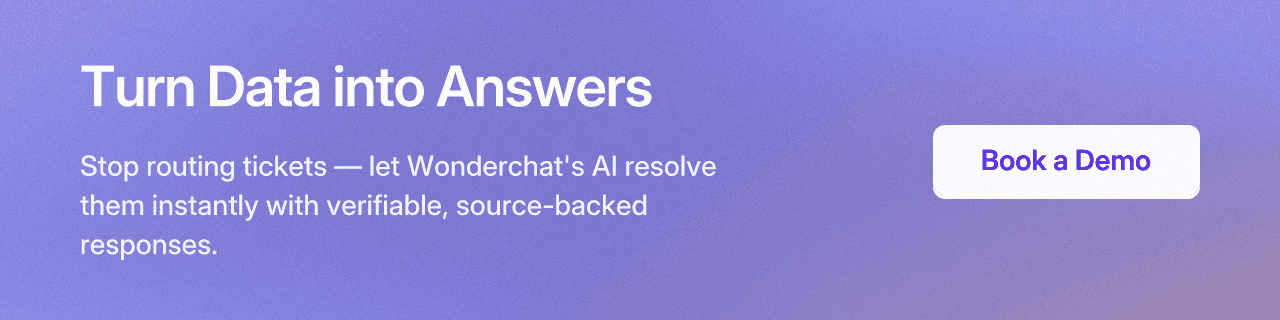 Turn Data into Answers. Stop routing tickets — let Wonderchat's AI resolve them instantly with verifiable, source-backed responses. Book a Demo
