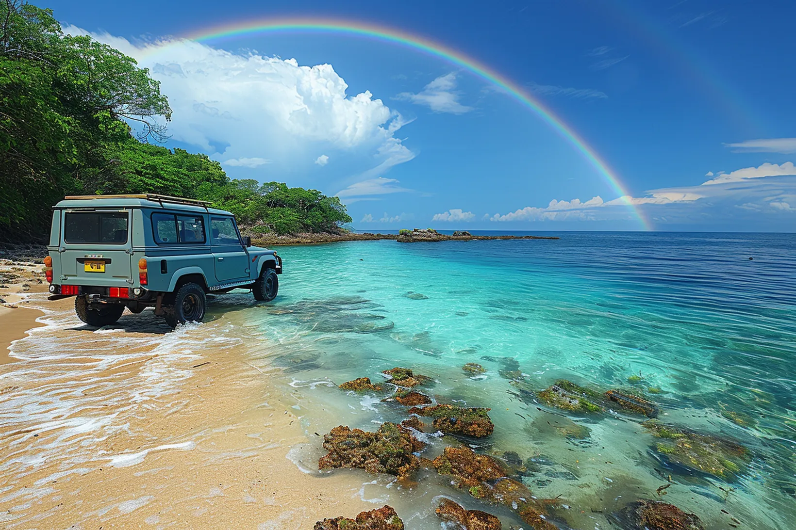 A jeep at the beach next to the ocean