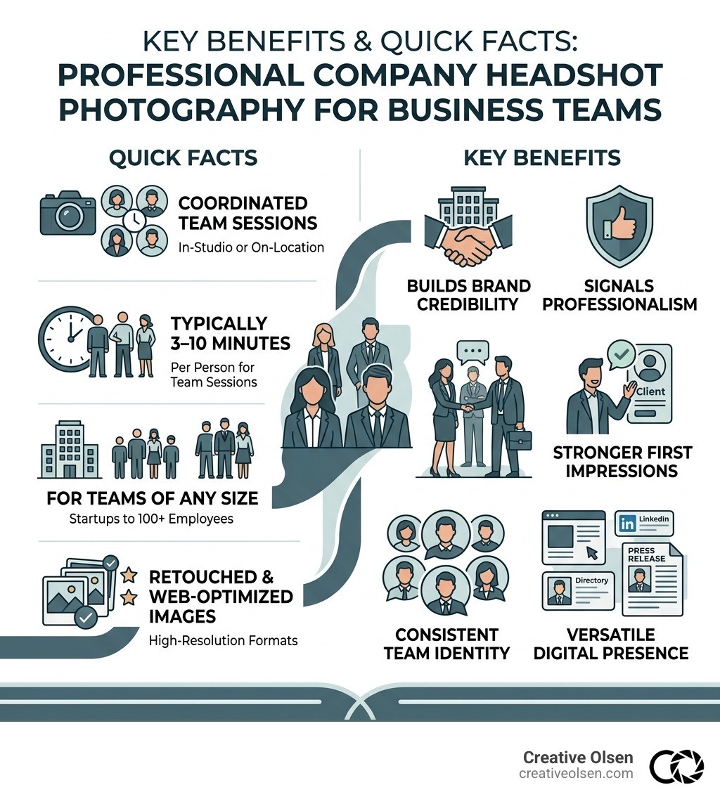 infographic showing key benefits and quick facts about company headshot photography for business teams - company headshot