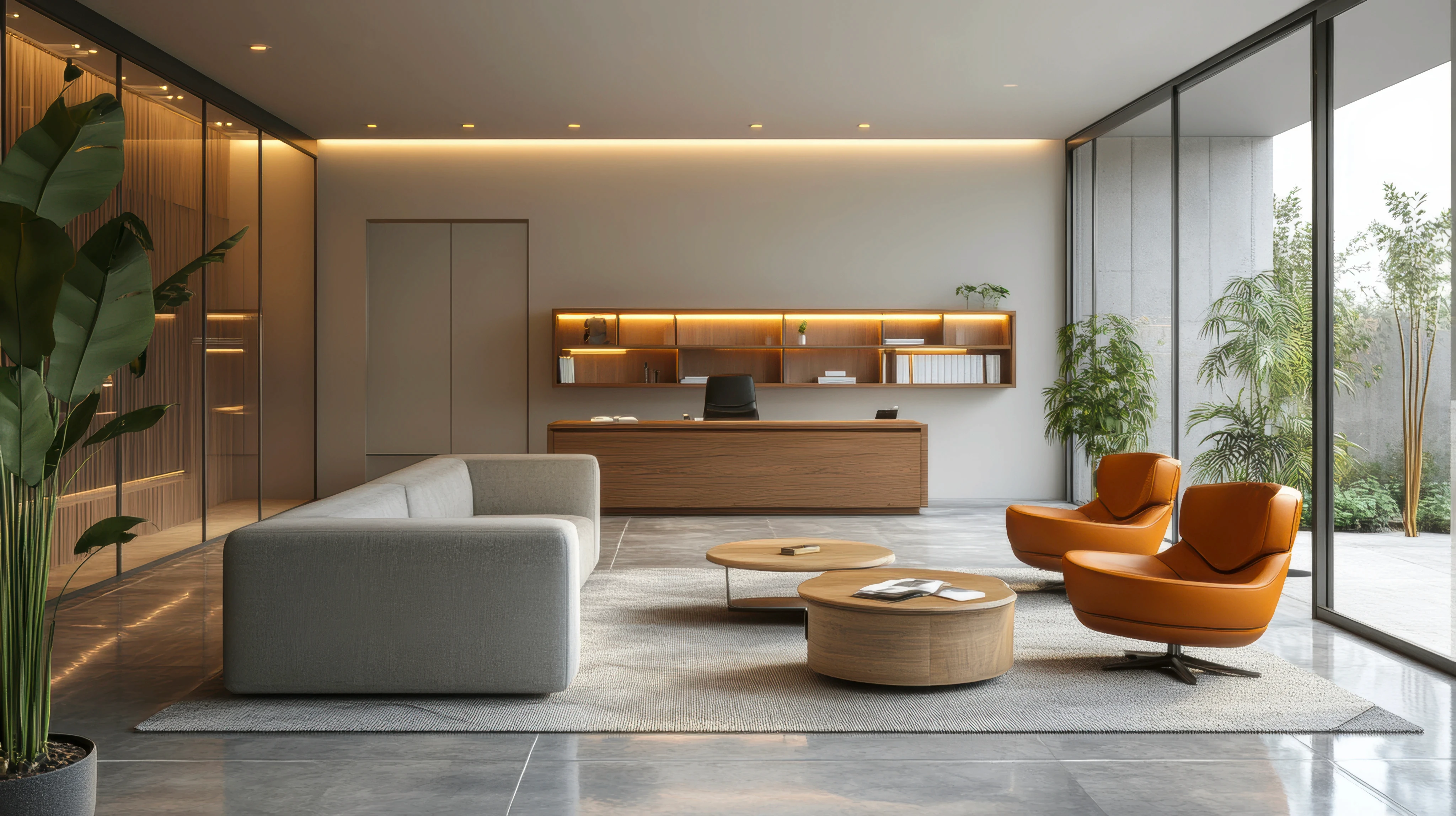 Modern living room with an orange accent armchair, sleek sofa, and bright natural lighting.