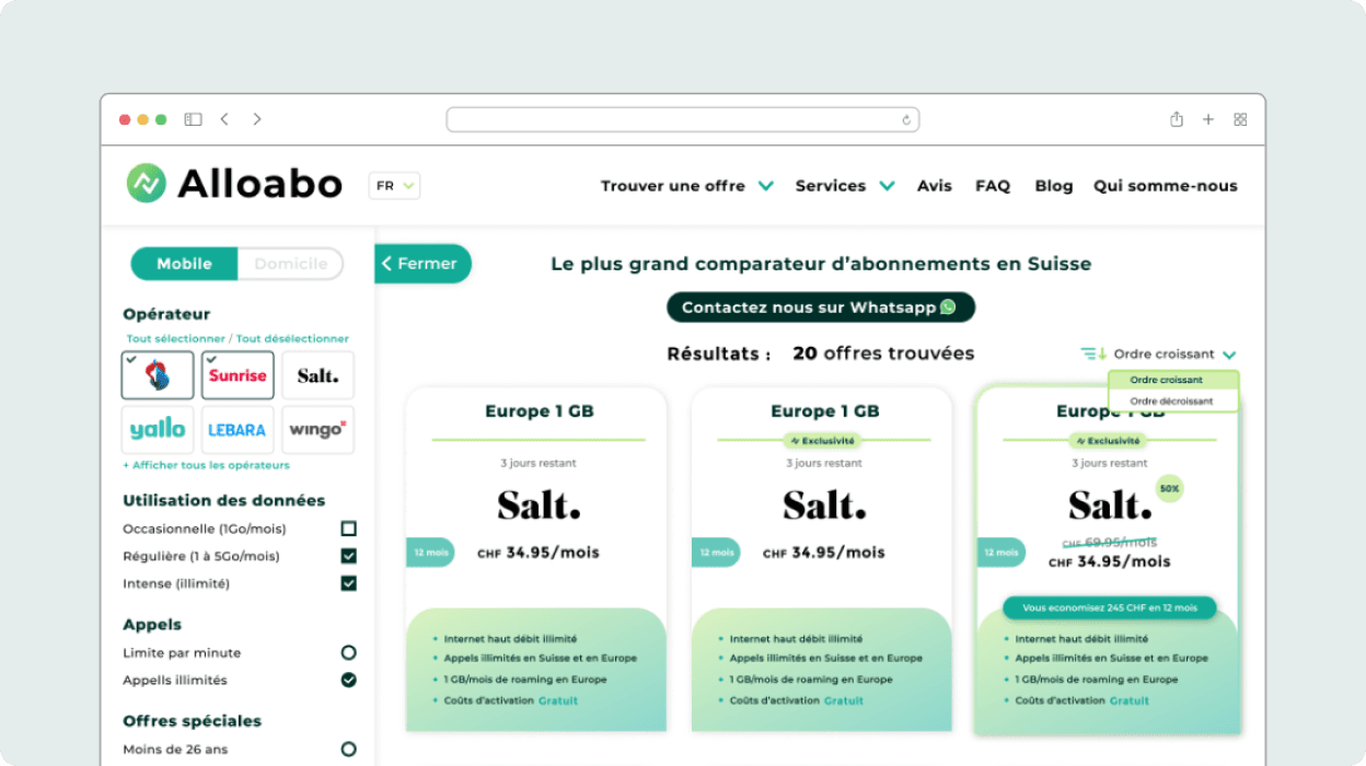 Capture d'écran de la page de comparateur d'aboonnements mobiles d'Alloabo