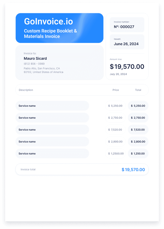 Custom Recipe Booklet & Materials Invoice