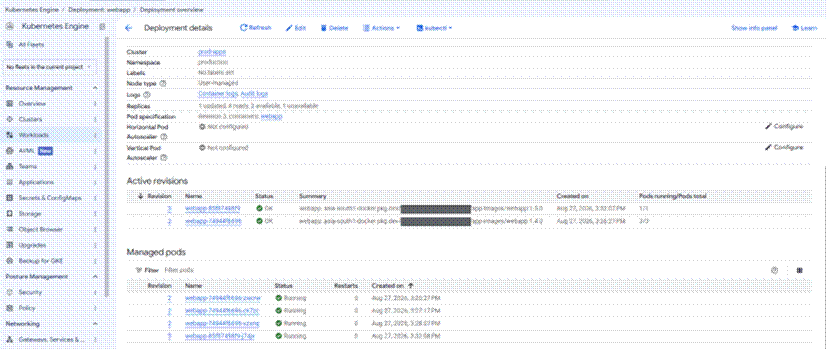 Title: Figure 10 — A rollout with zero maximum unavailable. Four pods against three replicas, because the new ReplicaSet reaches readiness before the old one is scaled down. - Description: GKE Deployment details page during a rolling update, reporting one updated, four ready, three available and one unavailable replica, with two active revisions listed and four managed pods running.
